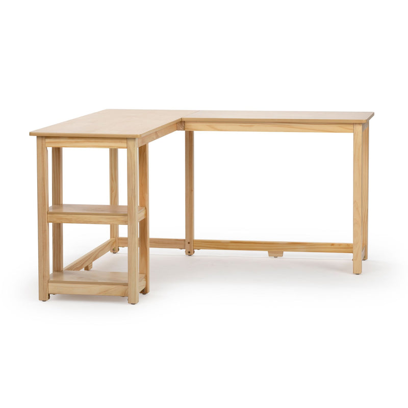 Wooden L-shaped office desk with built-in shelves for home workspace organization.