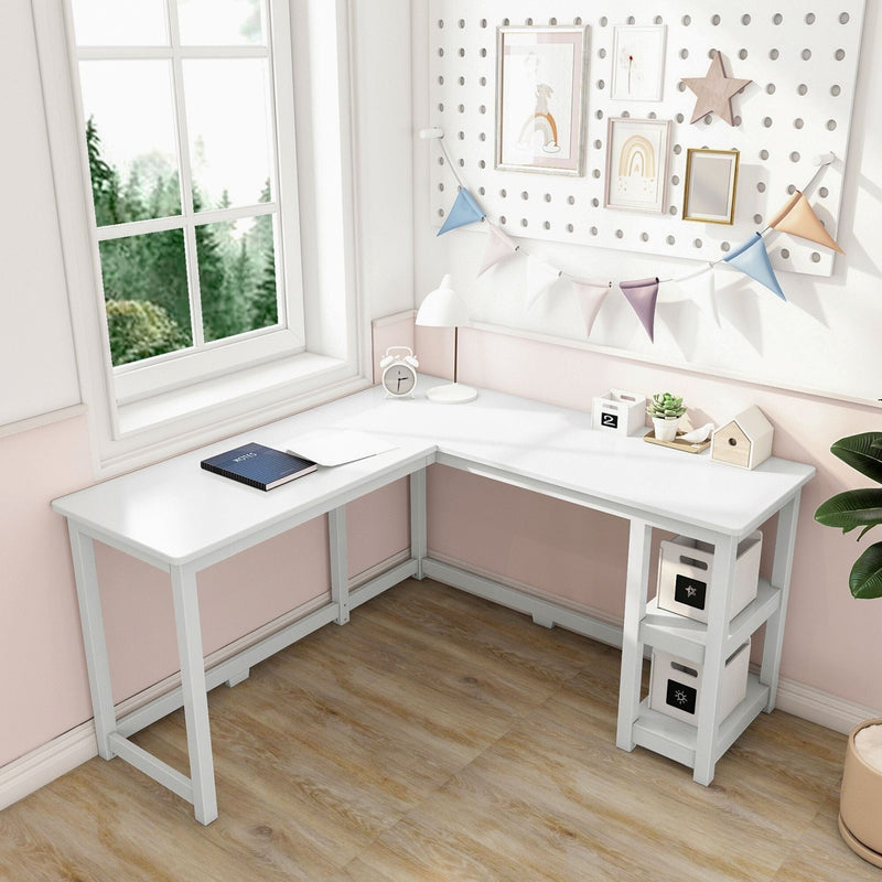 White L-shaped corner desk in pastel pink modern home office or study with window, wooden floor, lamp and open shelving storage