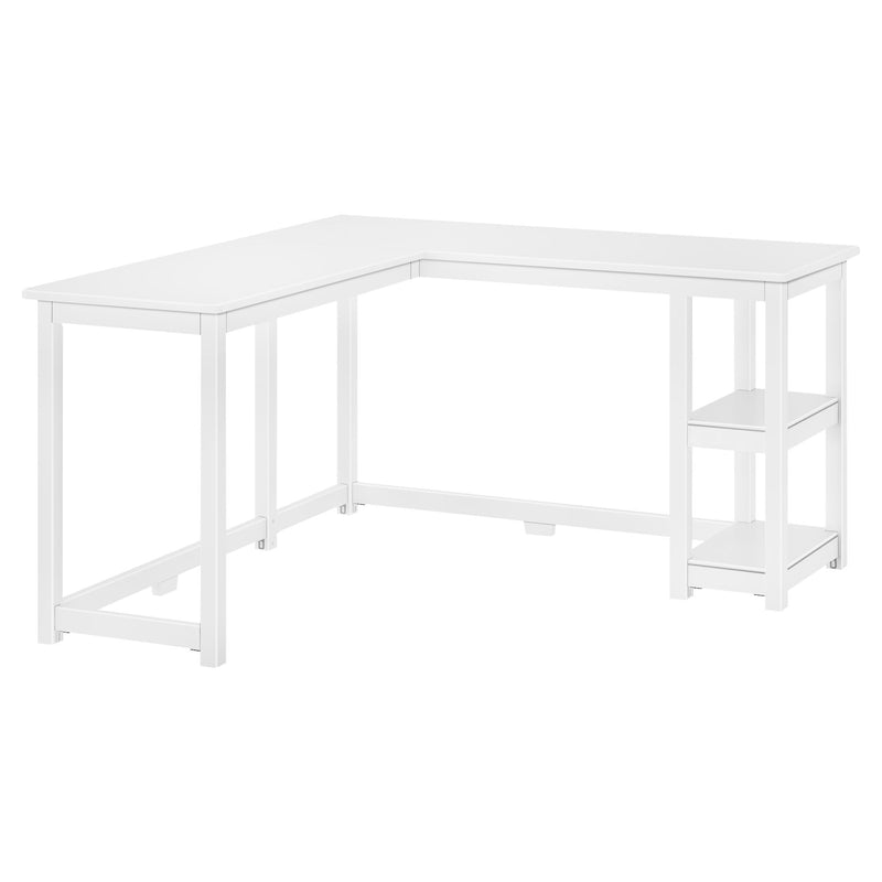 White L-shaped office desk with shelving for home workspace.
