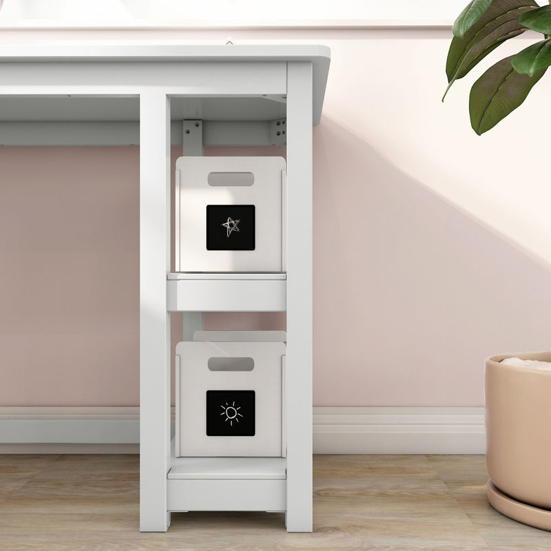 White desk with storage bins featuring decorative labels in modern interior design setting.
