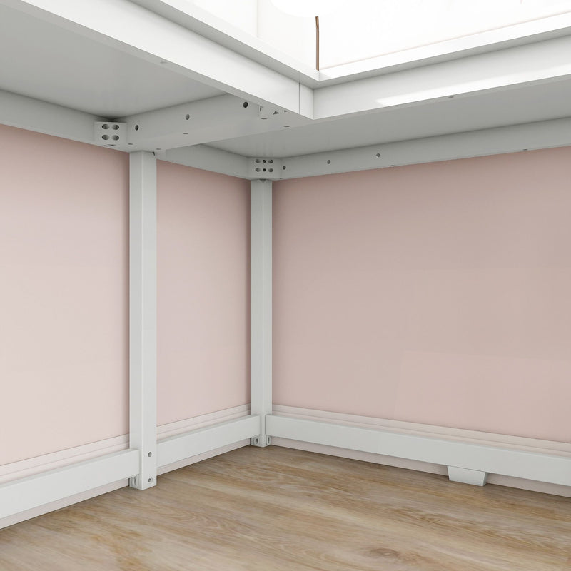 White metal frame structure on a wooden floor with pink panel walls.