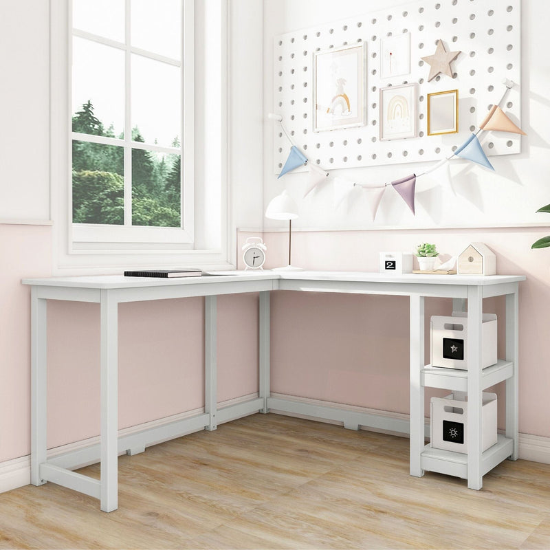 White L-shaped corner desk with two open storage shelves in a pastel pink children's bedroom, minimalist study desk by window for small spaces