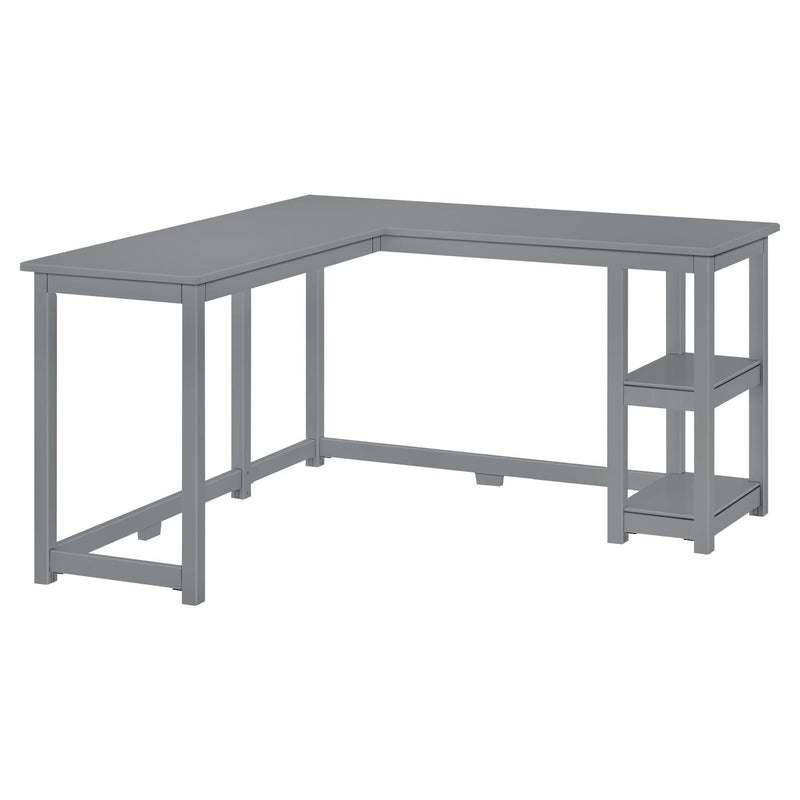 Gray L-shaped corner desk with two open shelves, modern compact computer workstation for home office or study
