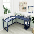 Blue L-shaped corner desk with open shelves in a bright modern home office or kids study area, space-saving wooden workstation with organizer and lamp