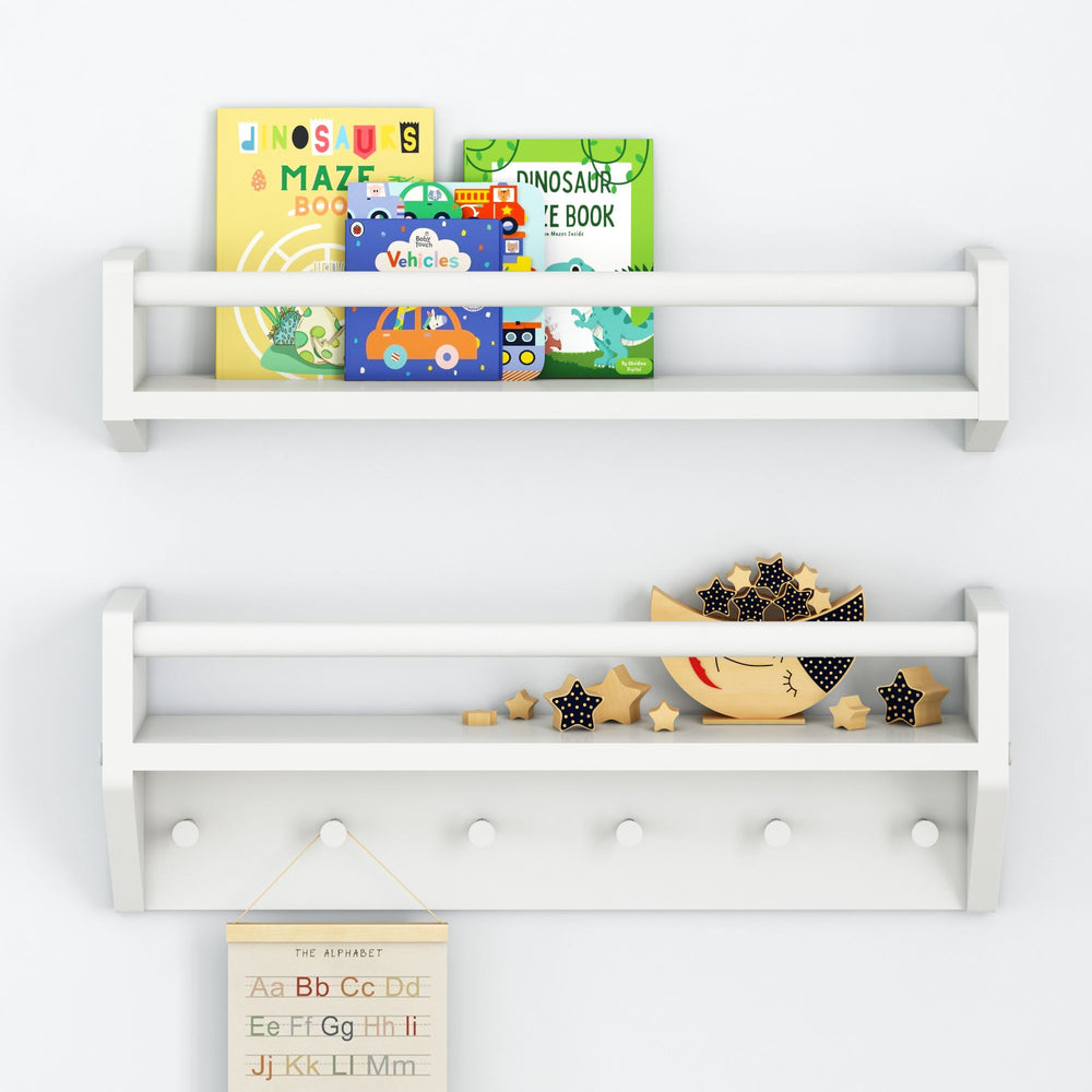Children's room wall shelf with colorful books, toys, and alphabet poster for educational and decorative purposes.