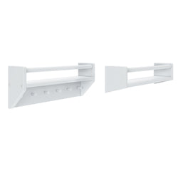 White wall-mounted coat rack with storage shelf and hooks for organization.