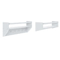 Two white wall-mounted floating bathroom shelves with towel bars and peg hooks, modern minimalist storage rack on white background