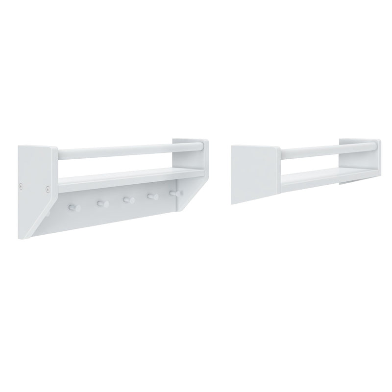 Two white wall-mounted floating bathroom shelves with towel bars and peg hooks, modern minimalist storage rack on white background