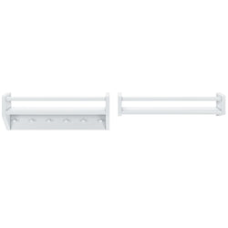 White wall-mounted peg rail with hooks and additional storage shelf for home organization.