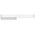 White wall-mounted towel rack set with upper shelf and six hooks, modern bathroom storage and organization