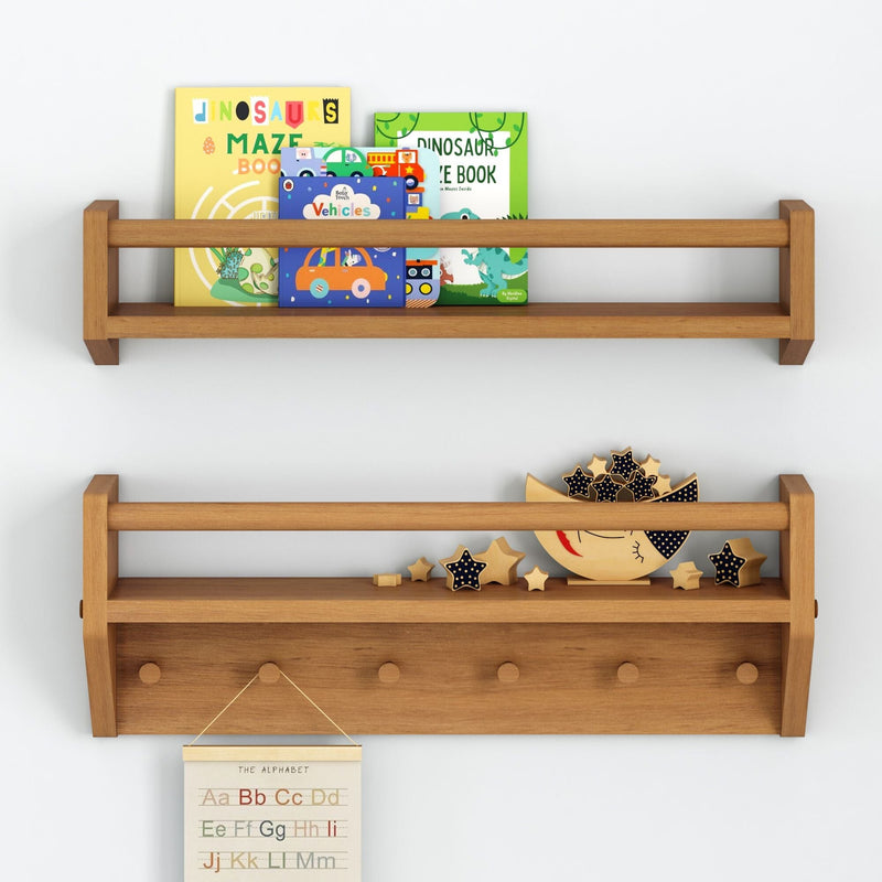 Wooden wall shelves with children's books and decorative moon and stars.