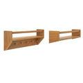 Wooden wall-mounted shelf with hooks for storage and organization.