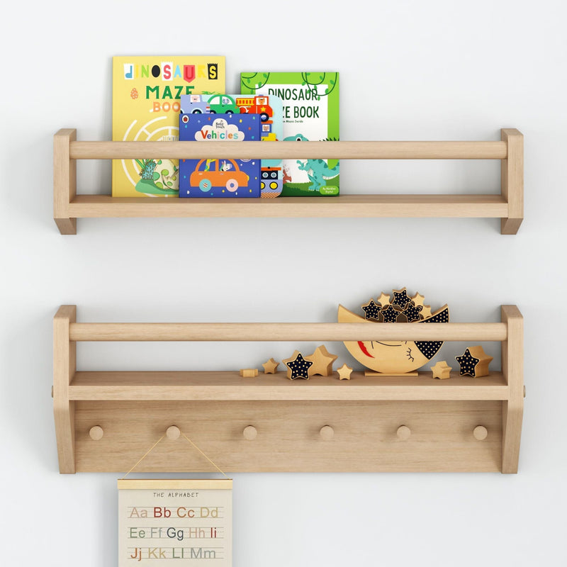 Wooden wall-mounted shelves with children's books and toys, including dinosaur and vehicle-themed storybooks, enhance kids' room decor and organization.