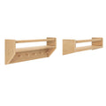 Natural wood wall-mounted shelves with hooks, ideal for home organization and storage solutions.