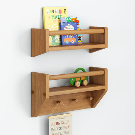 Wooden floating wall shelves with children's books, wooden toy car, and educational alphabet poster.