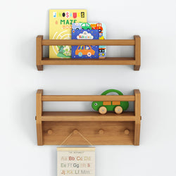 Wooden wall shelves for kids with colorful books and toys, perfect for children's room decor and organization.
