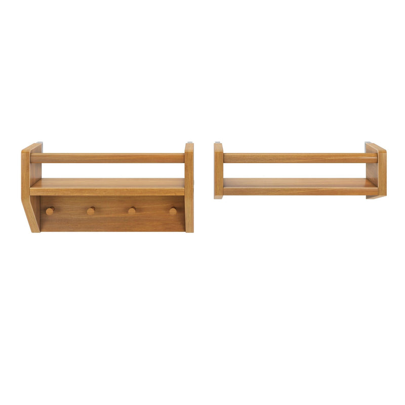 Floating wooden wall shelves with coat hooks for modern home decor.