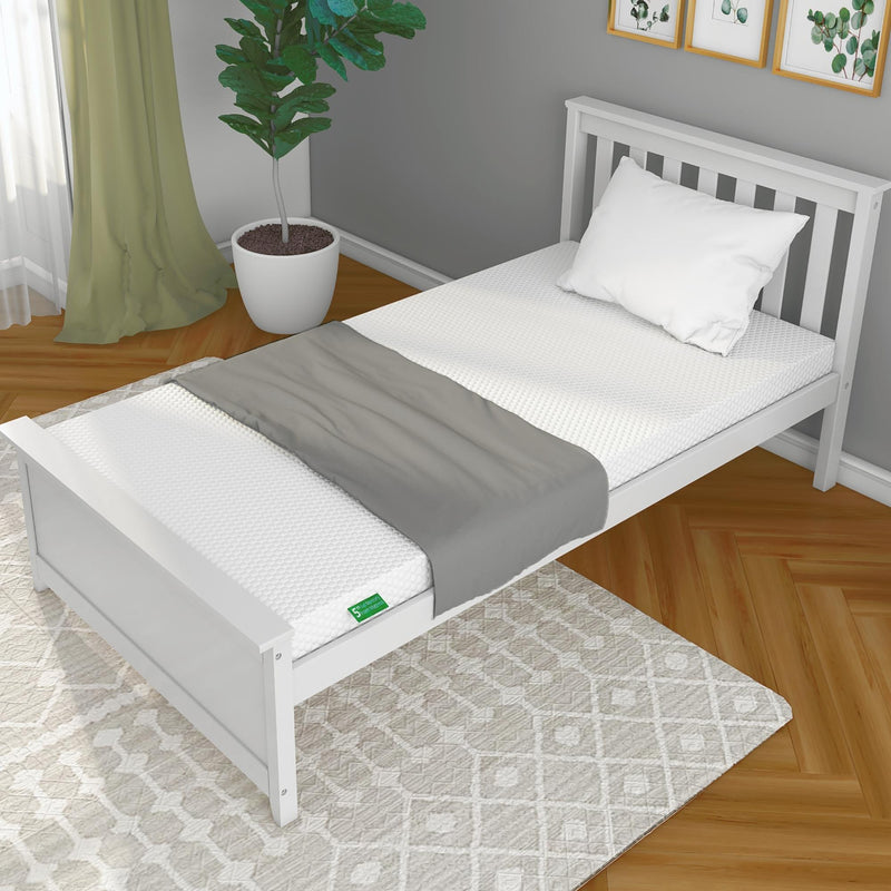 Single white bed with gray blanket and white pillow in a modern bedroom setting, placed on a patterned rug next to a green potted plant.