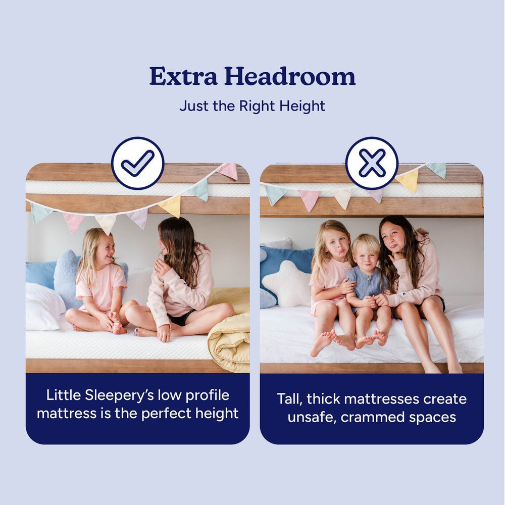 Comparison of bunk bed setups with Little Sleepery low-profile mattress showcasing safe extra headroom versus tall mattresses creating crammed space.