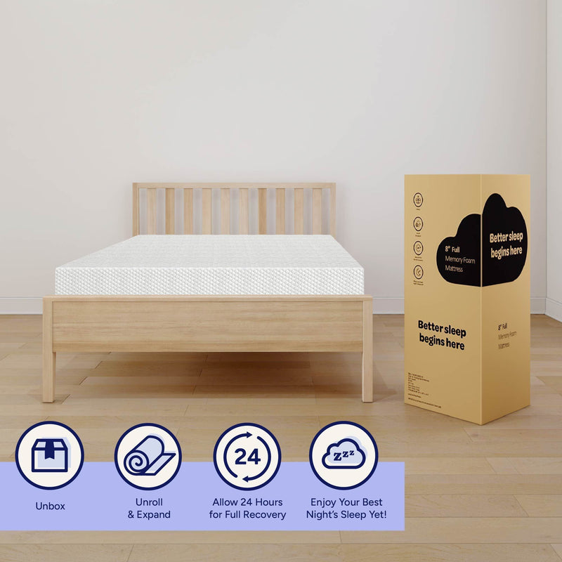Memory foam mattress on wooden bed frame with packaging box and setup instructions.