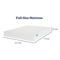 Full-size mattress 53.5 in wide x 75 in long x 8 in thick, white quilted cover, product photo on white background