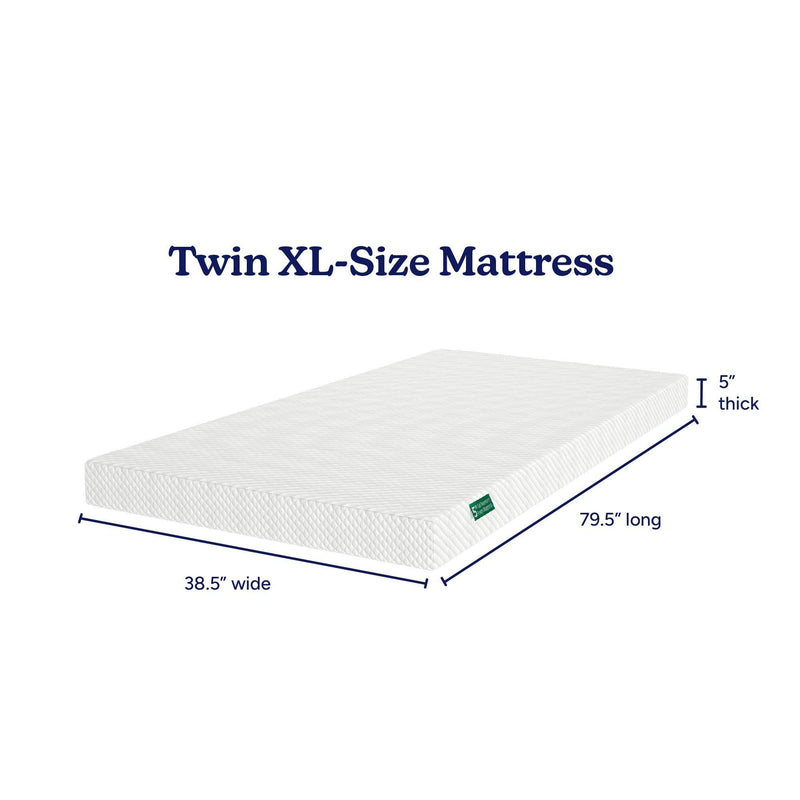 Twin XL size mattress dimensions: 79.5” long, 38.5” wide, 5” thick, perfect for extra comfort and space.