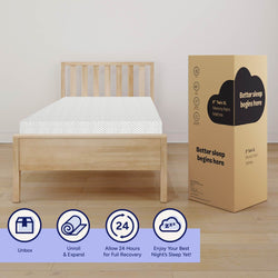 Twin XL memory foam mattress on wooden bedframe next to packaging; perfect for a comfortable night's sleep.