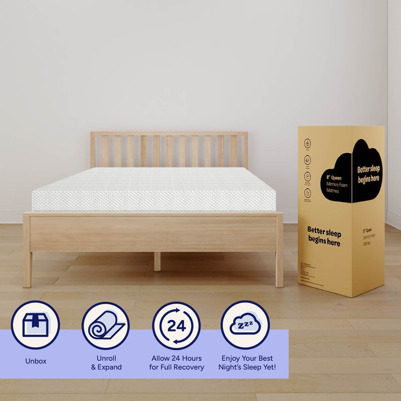Queen size memory foam mattress on wooden bed frame with packaging, highlighting the benefits of a comfortable night's sleep.