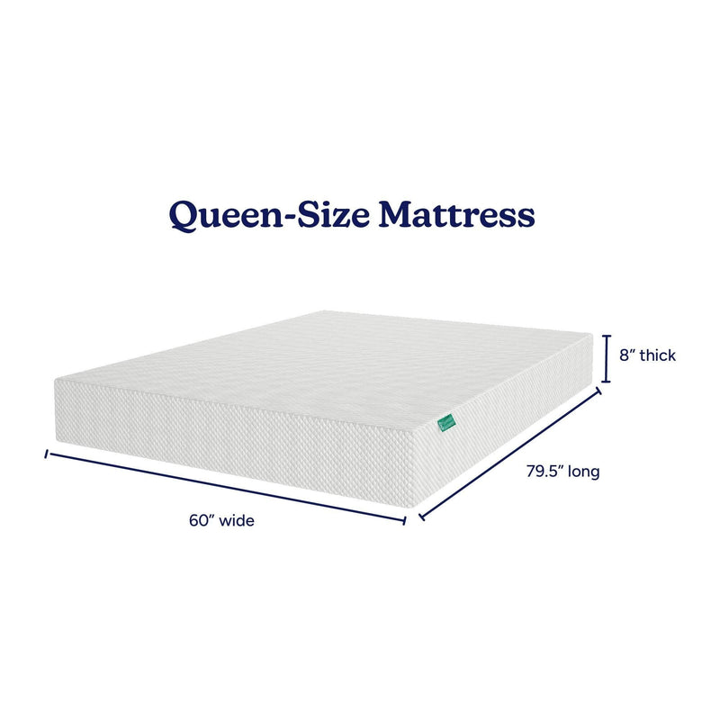 Queen-size mattress 60 inches wide × 79.5 inches long, 8 inches thick, white quilted cover — product dimensions diagram