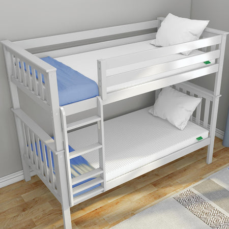 White wooden bunk bed with blue blanket and pillows in a modern bedroom.