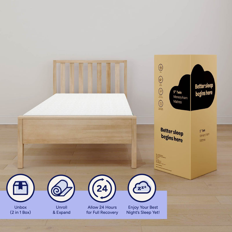 5-inch twin memory foam mattress-in-a-box beside a light wood twin bed frame, packaging reads "Better sleep begins here" with unbox, unroll and 24-hour recovery icons