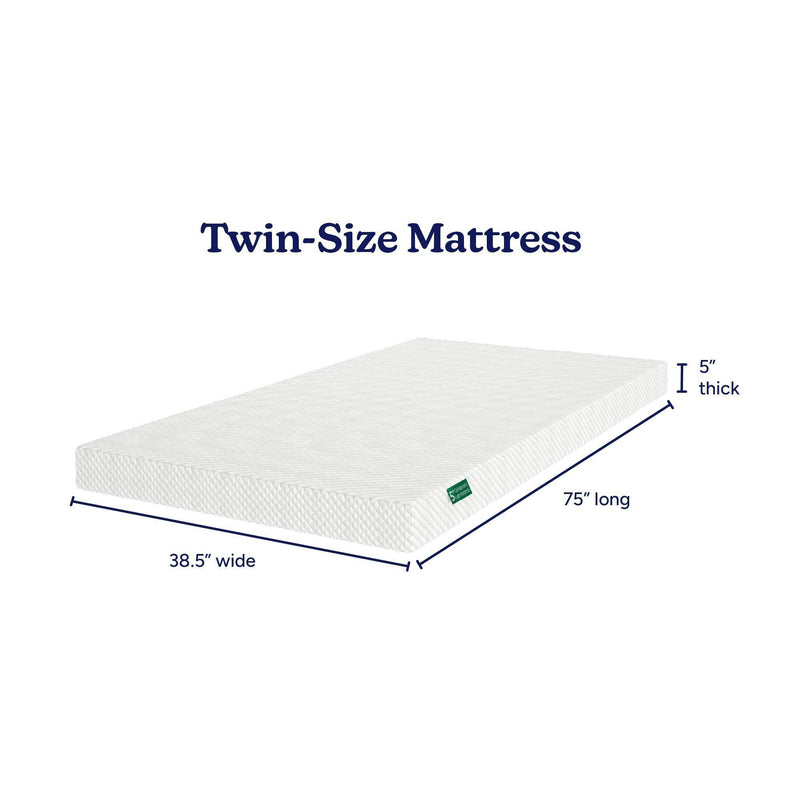 Twin-size mattress dimensions: 75 inches long, 38.5 inches wide, 5 inches thick.
