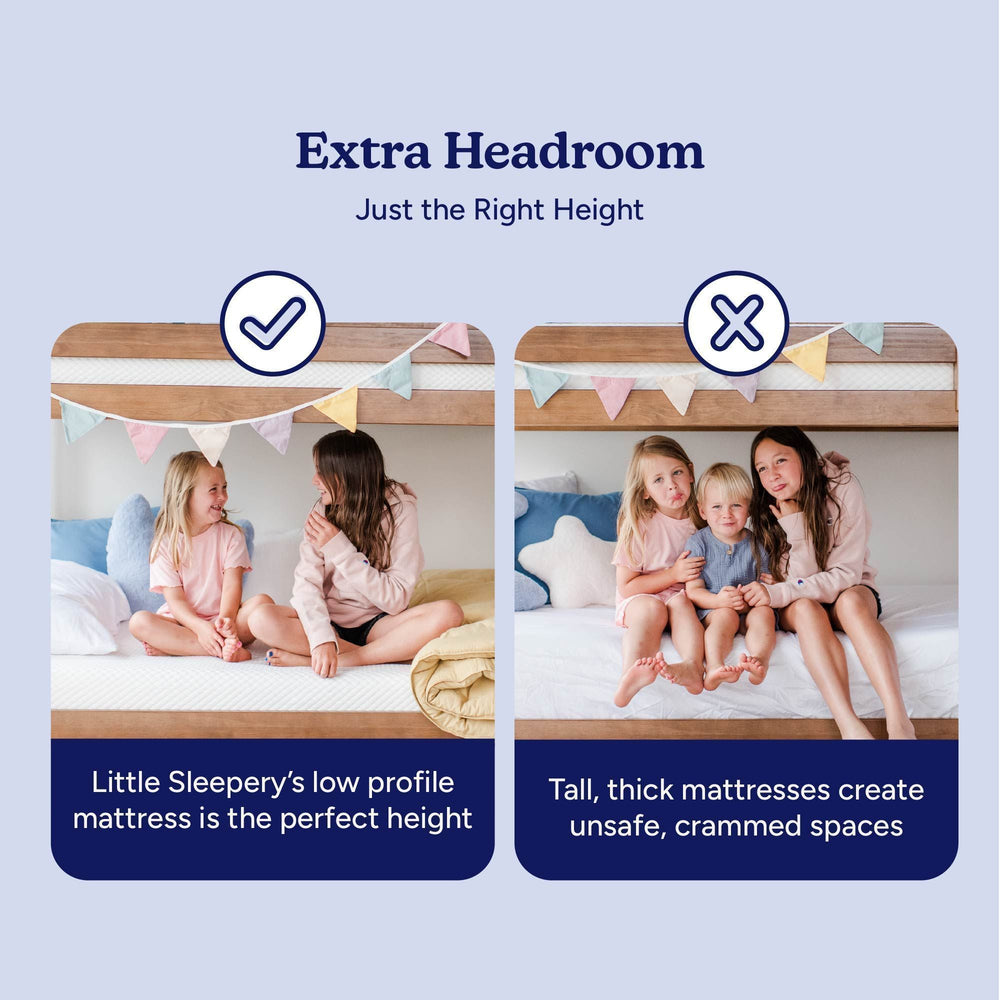 Children sitting on bunk beds with low profile mattress providing extra headroom, featuring comfortable and safe sleeping environment.