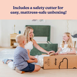 Family unboxing a rolled mattress with safety cutter for easy setup in a bedroom.