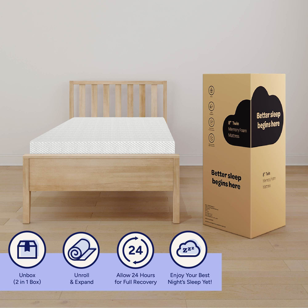 8-inch twin memory foam mattress in box with wooden bed frame.