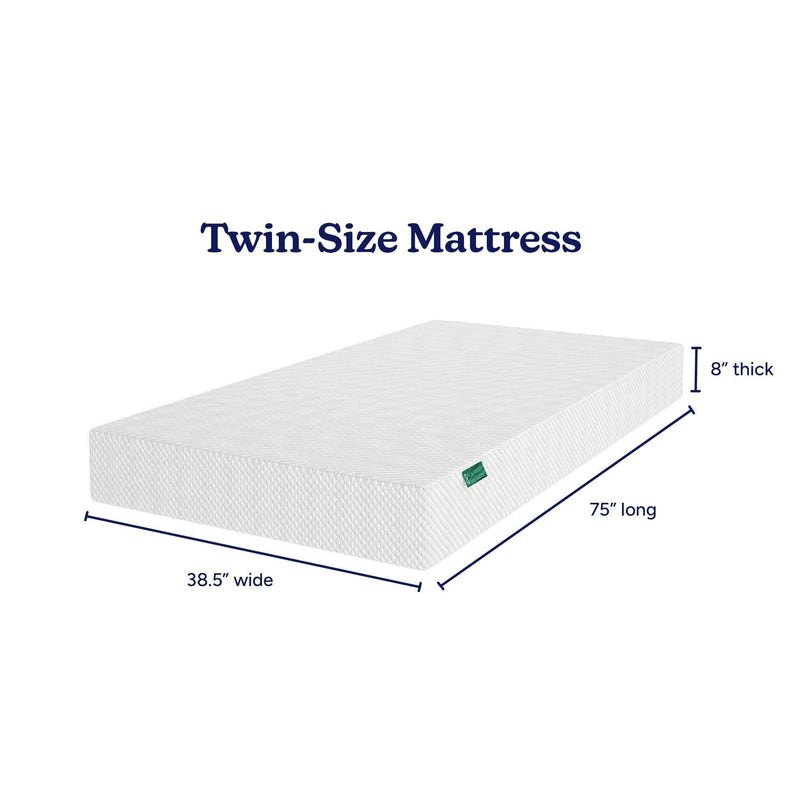 Twin-size mattress dimensions illustration showing 38.5 inches wide, 75 inches long, and 8 inches thick.