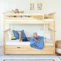 Natural wood kids bunk bed with ladder and under-bed storage drawer, children on top and bottom bunks with blue bedding and toy truck in a bright modern kids' bedroom