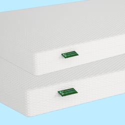 5-inch gel memory foam mattress with white textured cover and green label, stacked on light blue background — cooling, supportive sleep foam