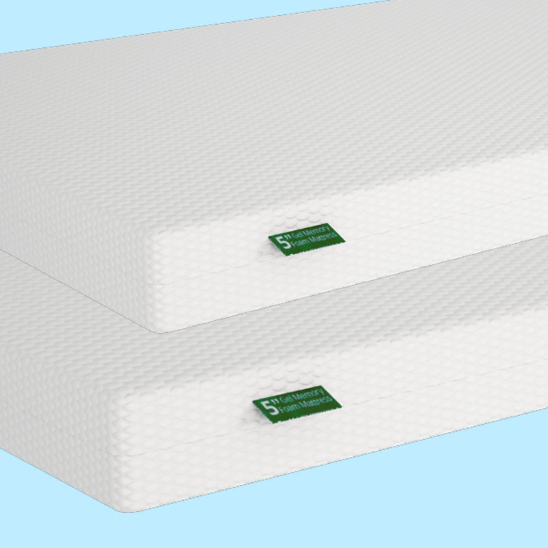 5-inch gel memory foam mattress with white textured cover and green label, stacked on light blue background — cooling, supportive sleep foam