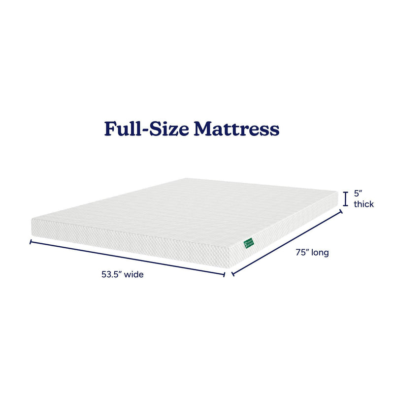 Full-size mattress dimensions: 53.5 inches wide, 75 inches long, 5 inches thick. Ideal for comfortable sleep.