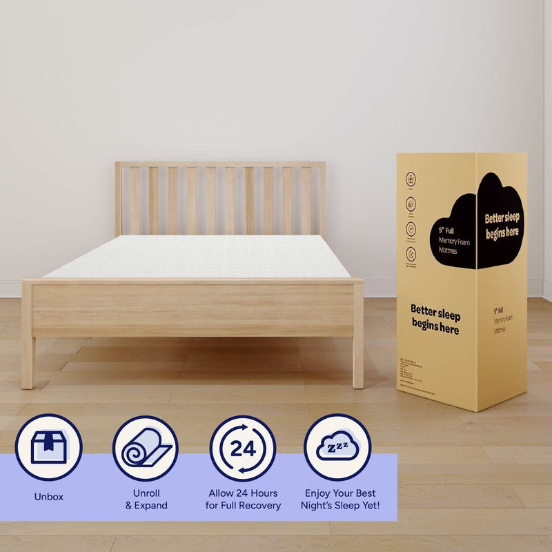 Full-size memory foam mattress-in-a-box next to a light wood platform bed in a minimalist bedroom, with boxed packaging labeled "Better sleep begins here" and icons showing unbox, unroll & expand, allow 24 hours, and enjoy your best night's sleep.