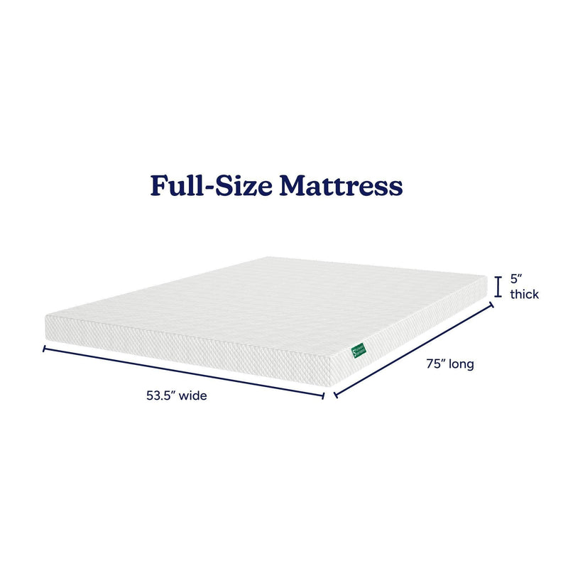 Full-size low-profile mattress – 5-inch thick, 53.5 in x 75 in, white quilted cover