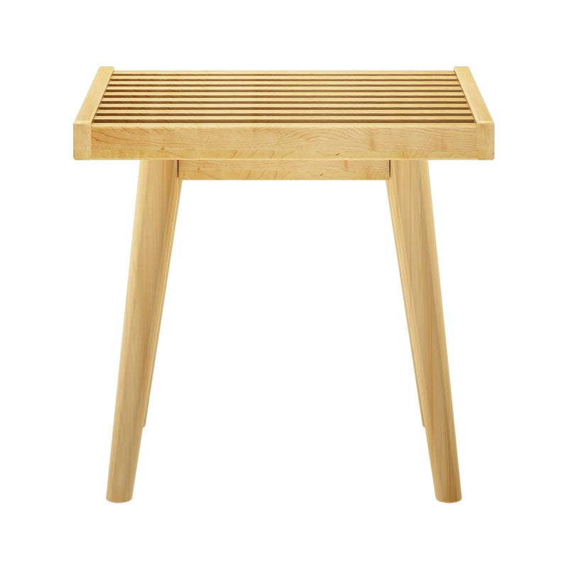 Modern wooden stool with slatted top and minimalist design.