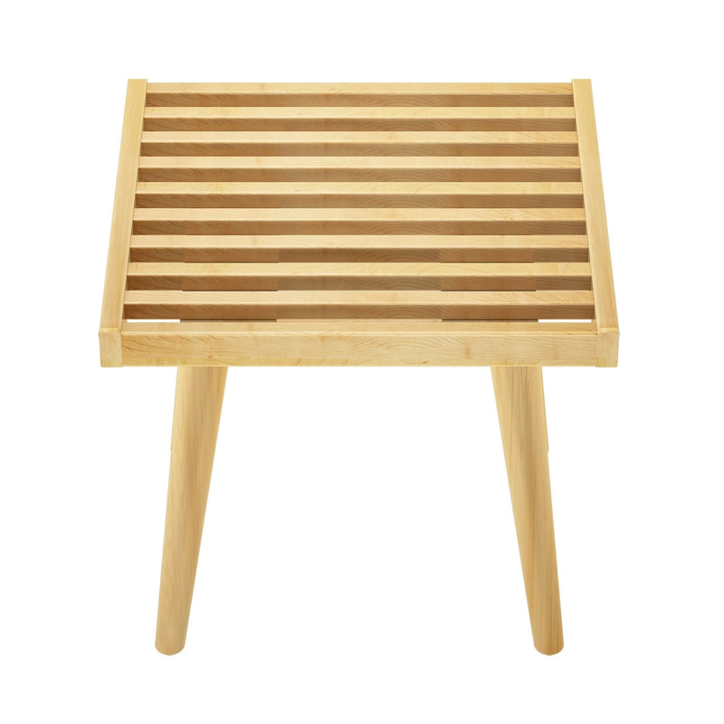 Wooden slatted table with angled legs in natural finish.