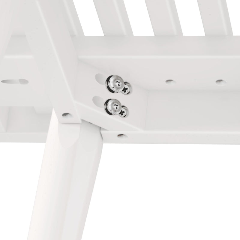 Close-up view of a white metal bunk bed frame corner with visible screws and slats, showcasing sturdy construction and modern design.