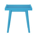 Blue wooden slat table with angled legs for modern home decor.
