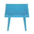 Bright blue modern square side table with slatted top and four legs.