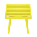 Yellow slatted metal table with angled legs on white background.