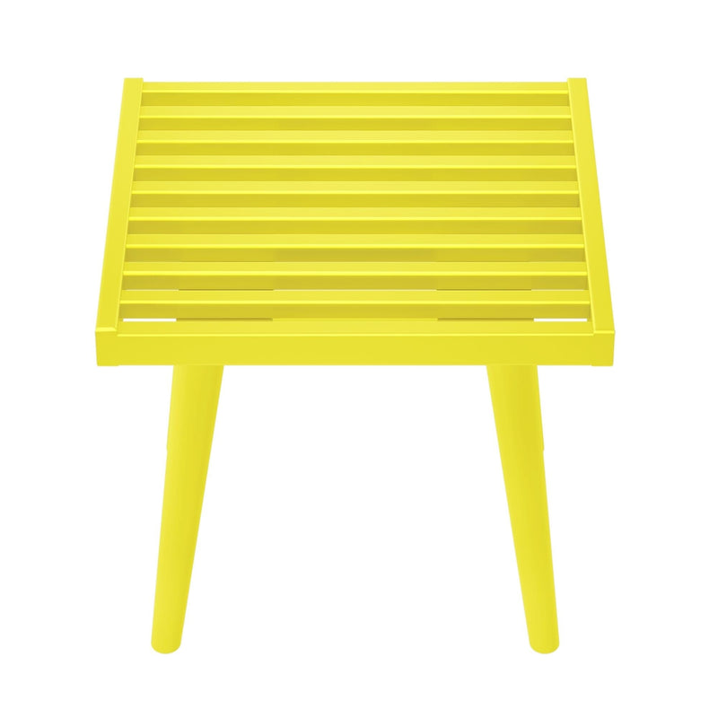 Yellow slatted metal table with angled legs on white background.