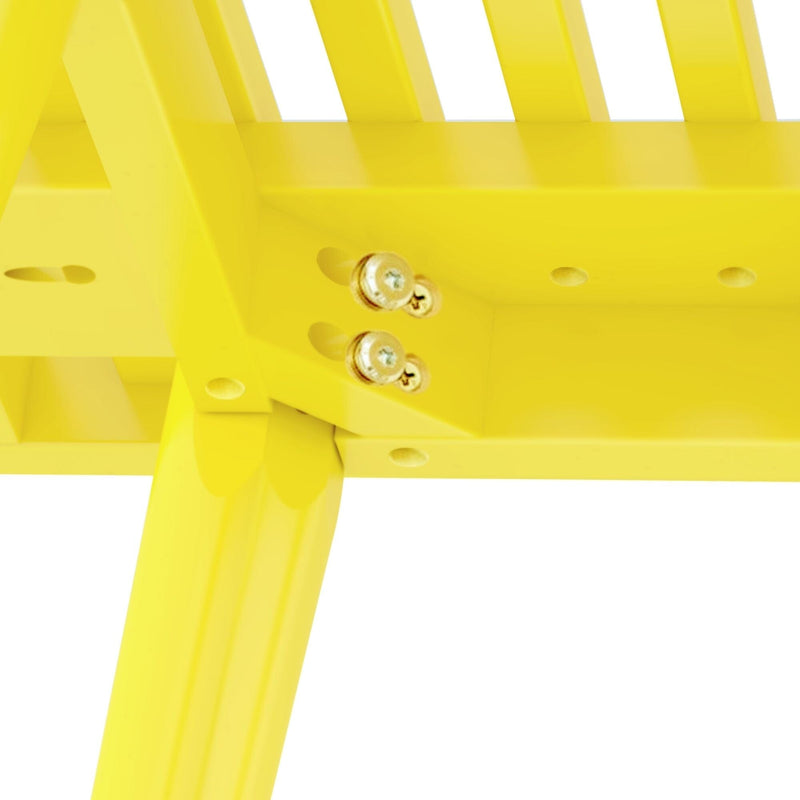 Close-up view of yellow wooden chair joint with screws, showcasing detailed craftsmanship and sturdy construction.